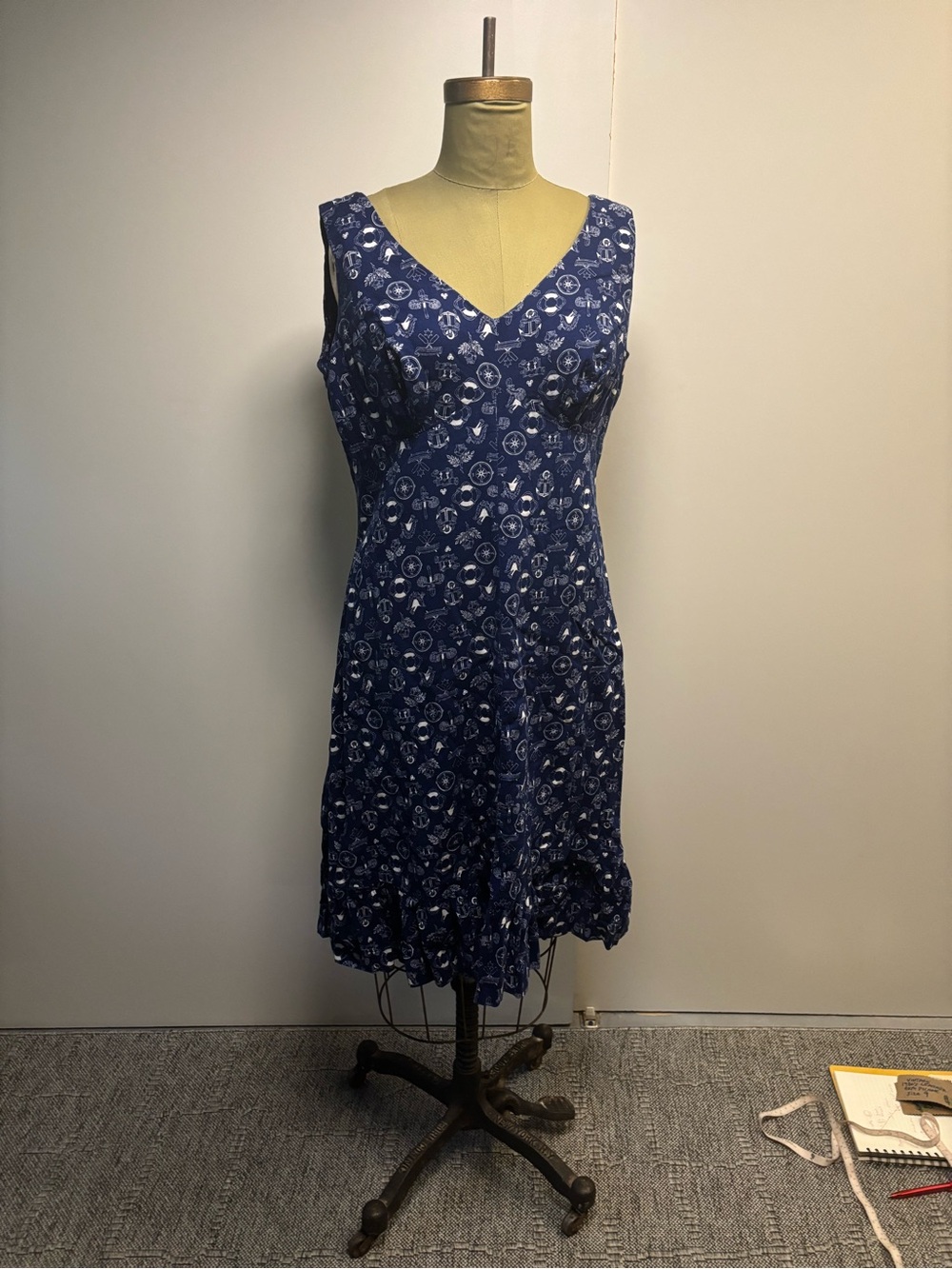 Navy Blue Sleeveless V-Neck Nautical Print Dress